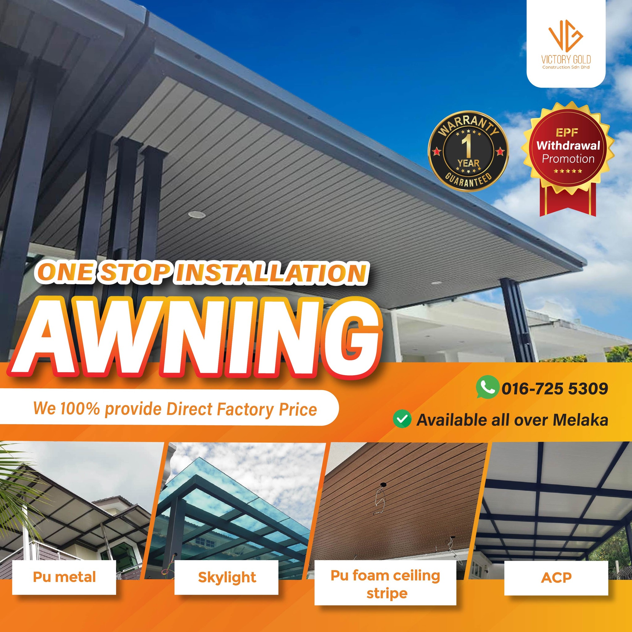 Victory Gold Construction Sdn Bhd Facebook ad: 𝐘𝐨𝐮𝐫 𝐎𝐧𝐞-𝐒𝐭𝐨𝐩 𝐀𝐰𝐧𝐢𝐧𝐠 𝐒𝐩𝐞𝐜𝐢𝐚𝐥𝐢𝐬𝐭