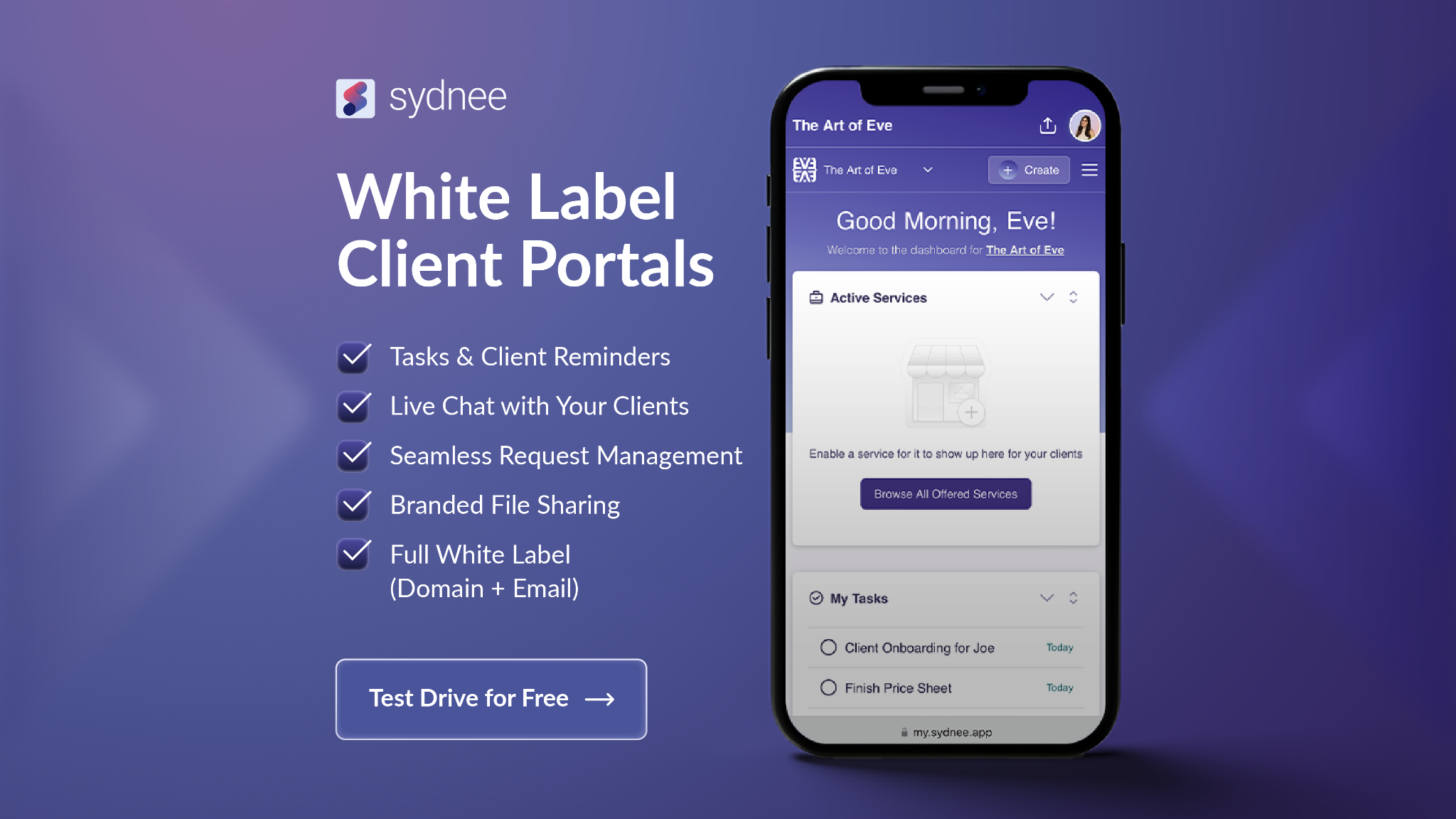 Sydnee Client Portals Facebook ad from Jun 1, 2026