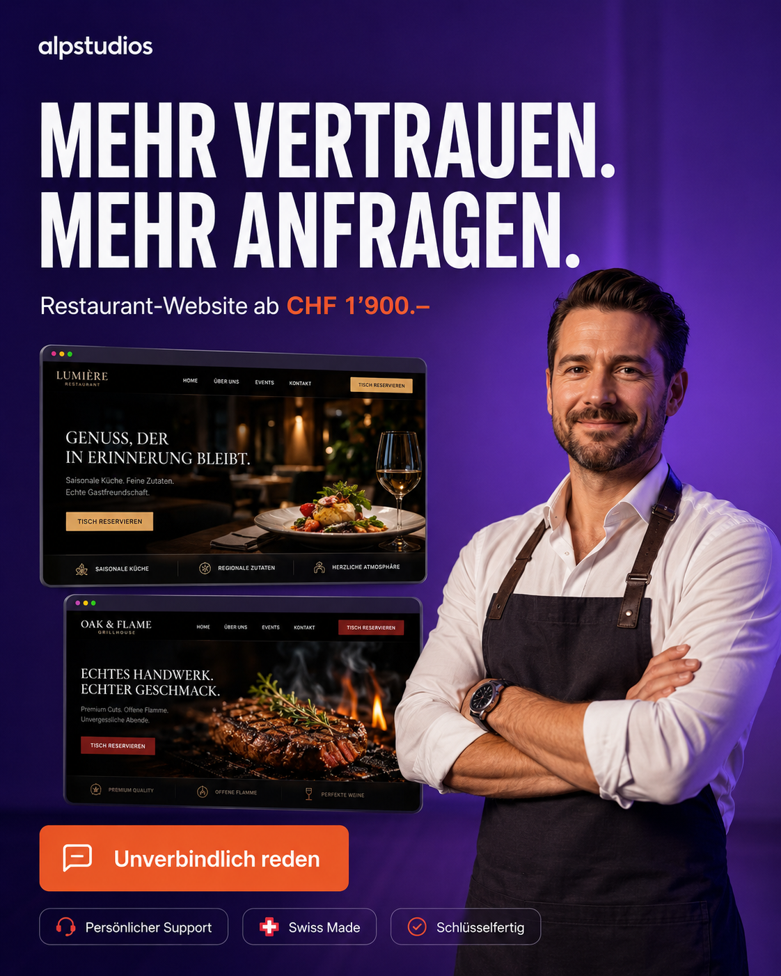 AlpStudios GmbH Facebook ad: Gutes Essen. Schwache Website?