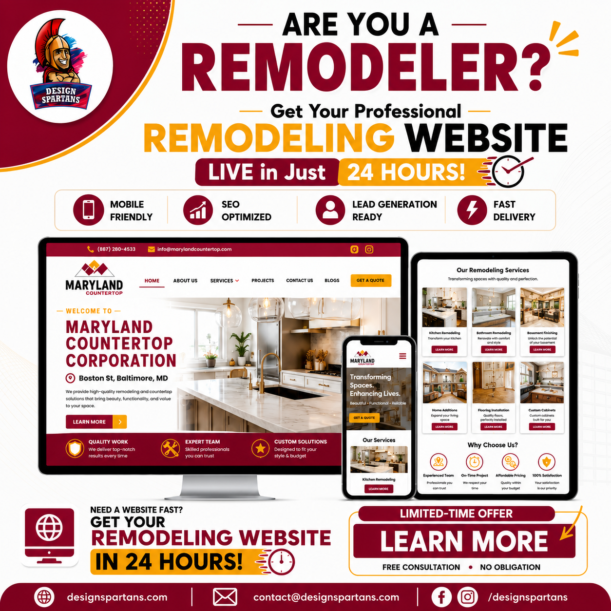 Design Spartans Facebook ad: Remodeler: Need a Website Fast?