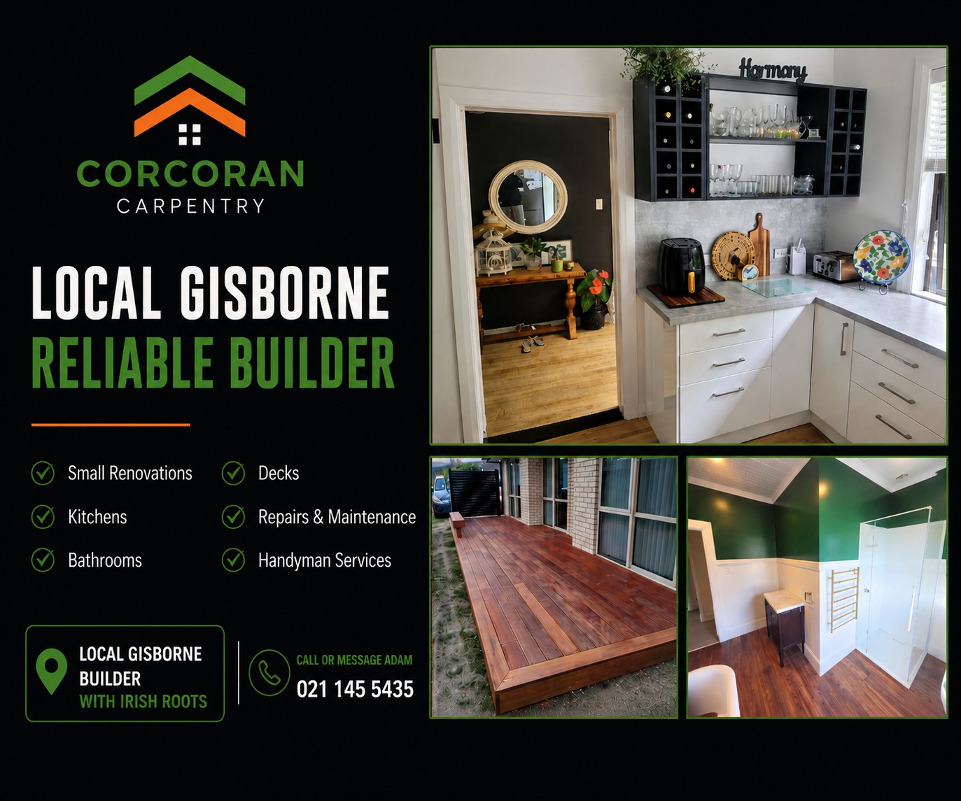 Corcoran Carpentry Facebook ad: Reliable. Honest. Quality workmanship.