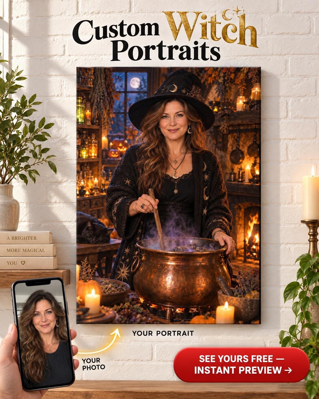 PortraitGift.Com Facebook ad: You in a Cozy Witch Cottage