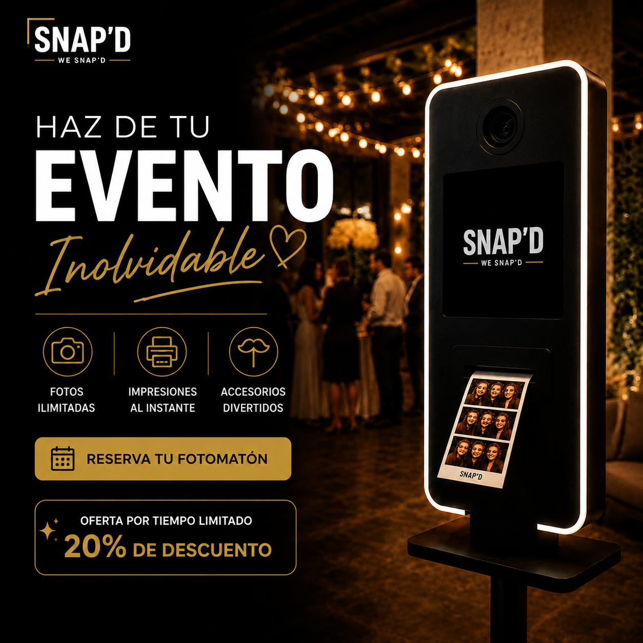 Snap’d - Photo-Booth Rental Facebook ad: Reserva Esta Semana, Ahorra 20%