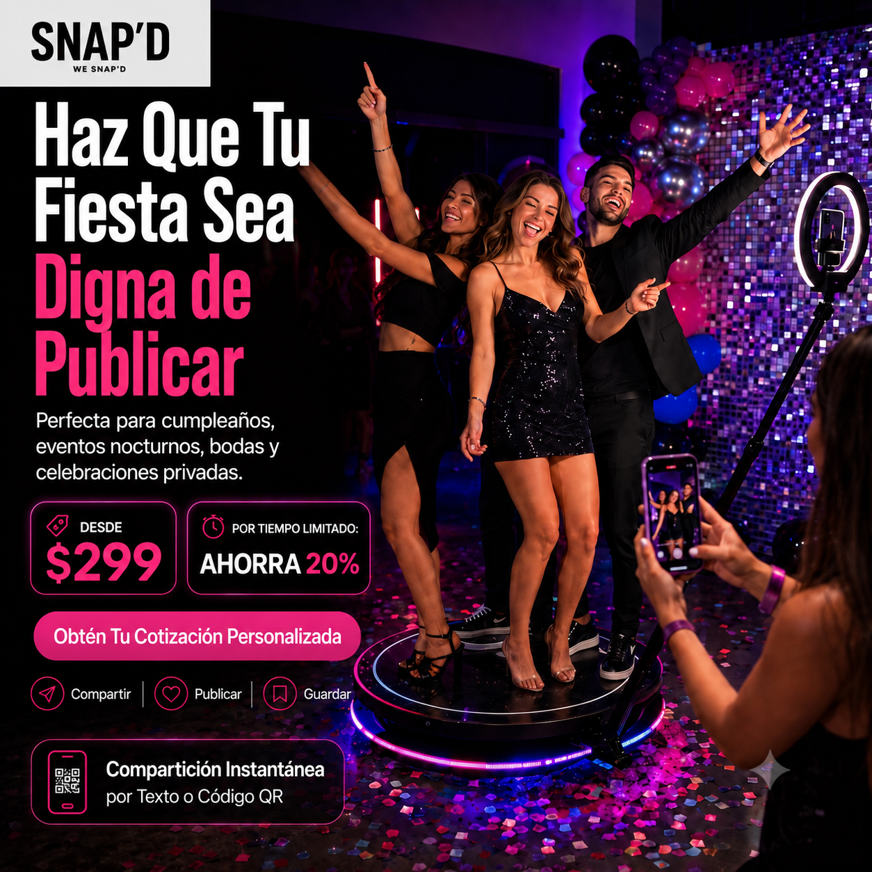 Snap’d - Photo-Booth Rental Facebook ad: Reserva esta semana y ahorra un 20 %