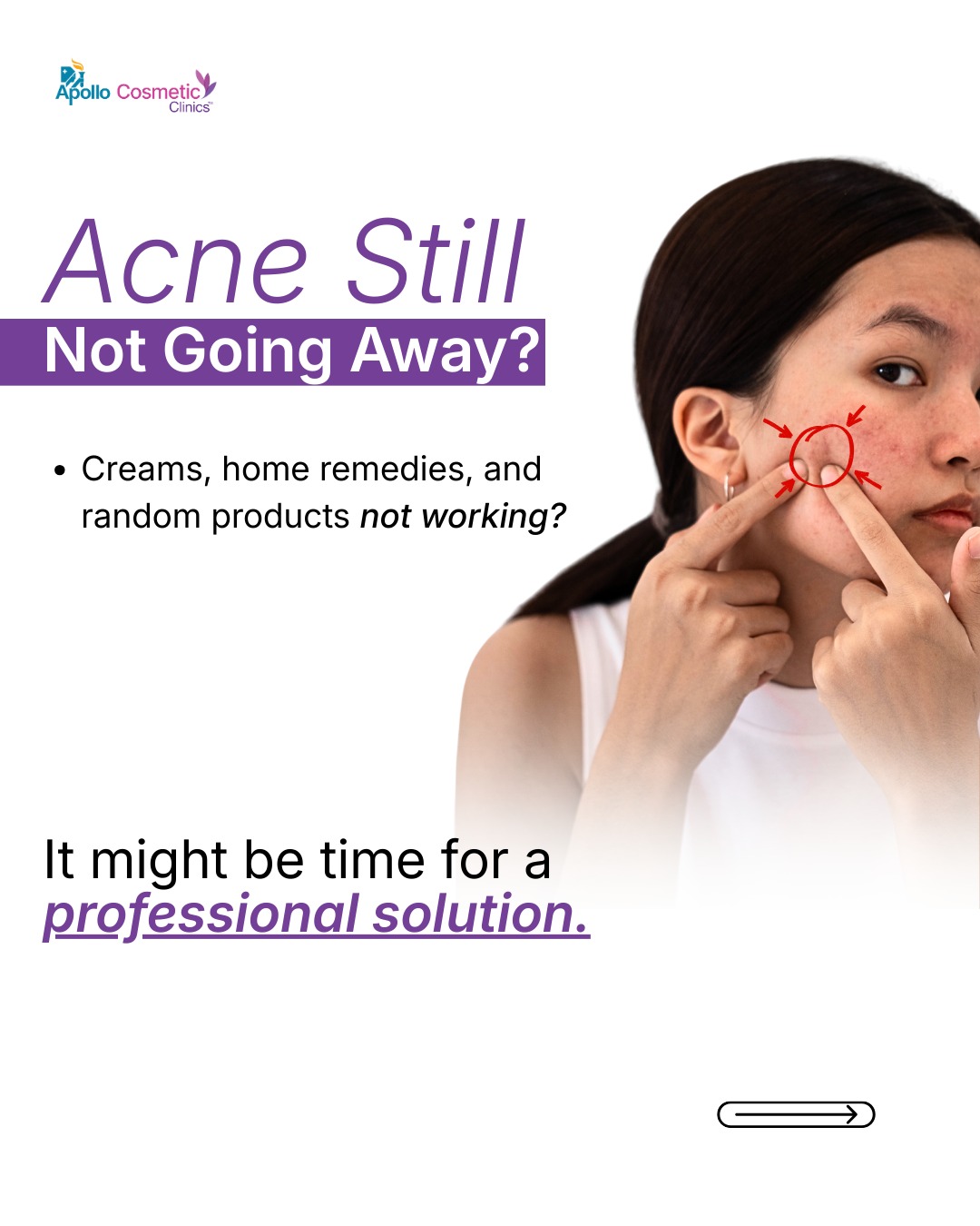 Apollo Cosmetic Clinics Newtown Facebook ad: Dealing with acne, scars, or stubborn breakouts?