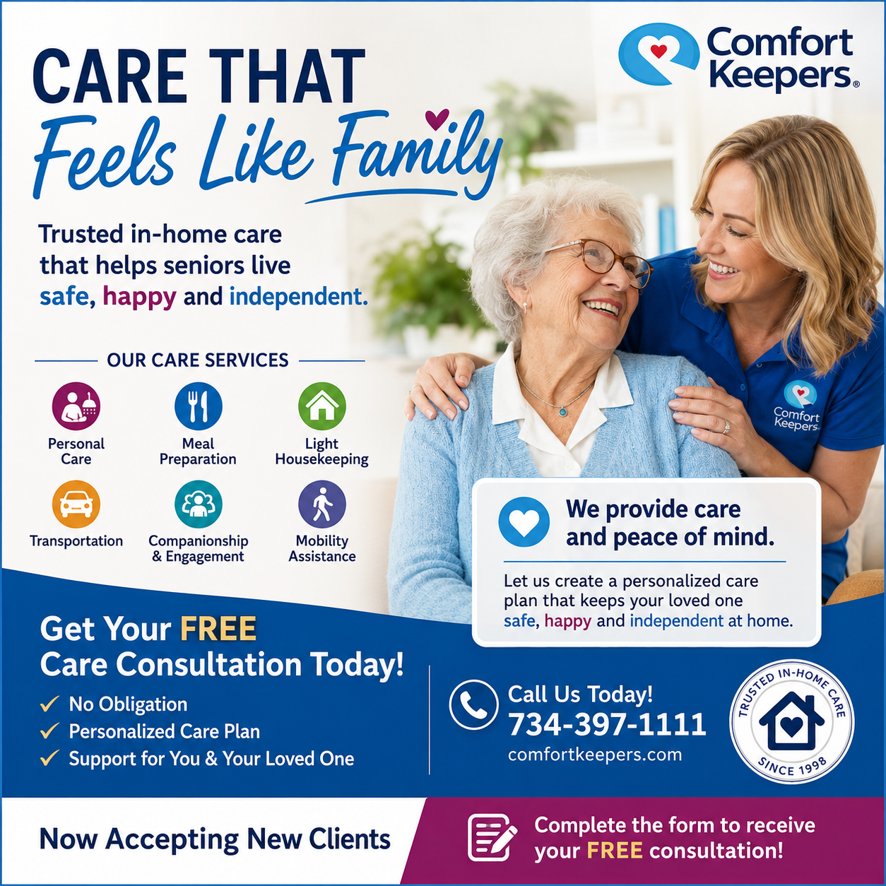 Comfort Keepers - Plymouth, MI Facebook ad: Get Peace of Mind for Your Family