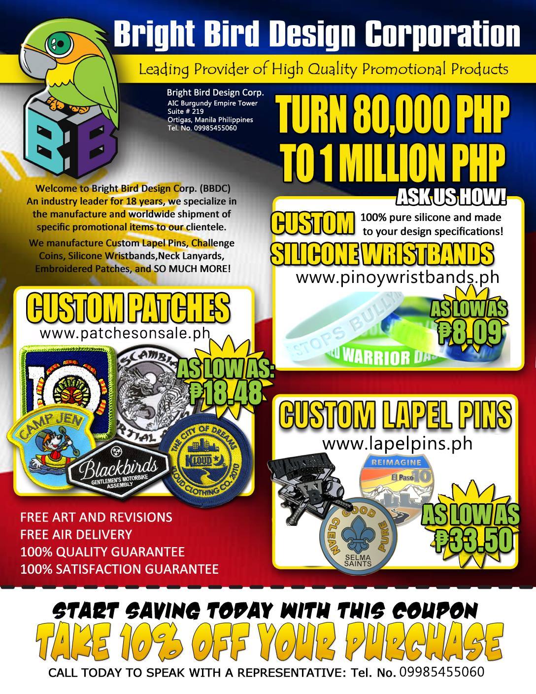 Patchesonsale.PH Facebook ad: Bright Bird Design Corporation specializes in custom…