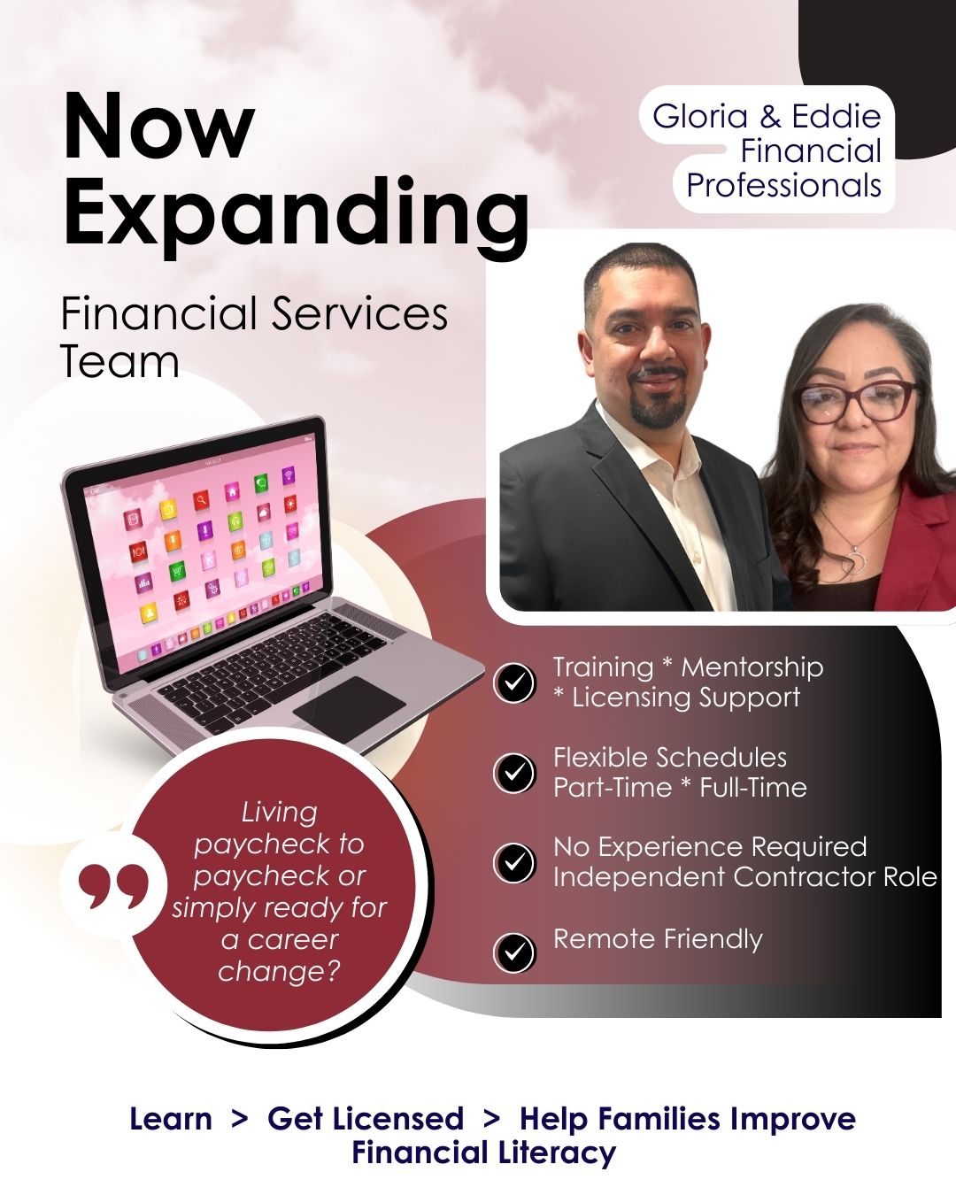 Gloria & Eddie De La Riva - Financial Professionals Facebook ad: Work From Home & Get Licensed
