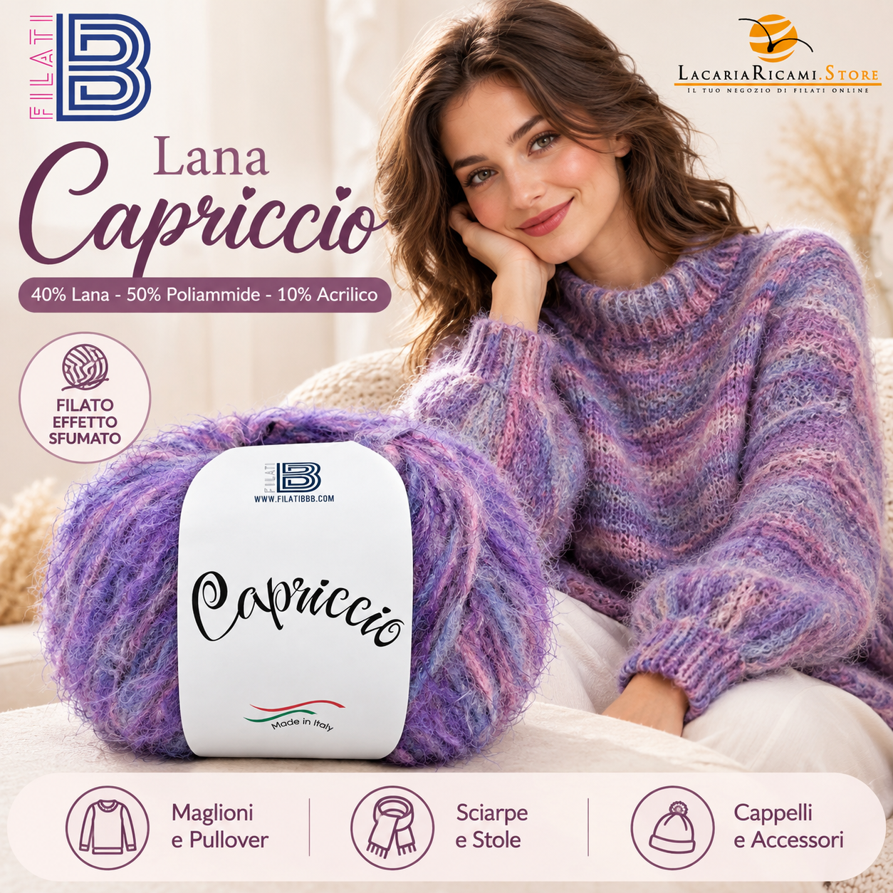 LacariaRicami.Store Facebook ad: Lana Capriccio Filati BBB, filato sfumato 100g/170m, tante…