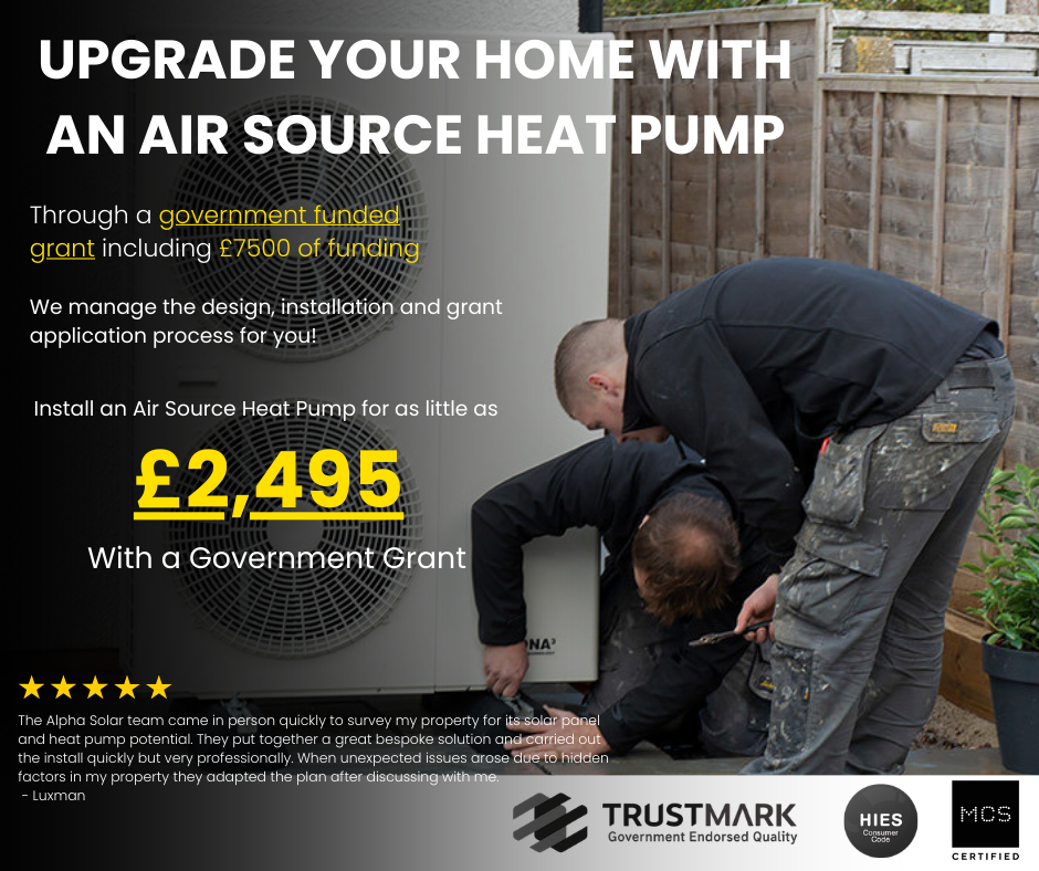 Alpha Solar Ltd Facebook ad: Greater London homeowners, claim your £7,500 heat pump…
