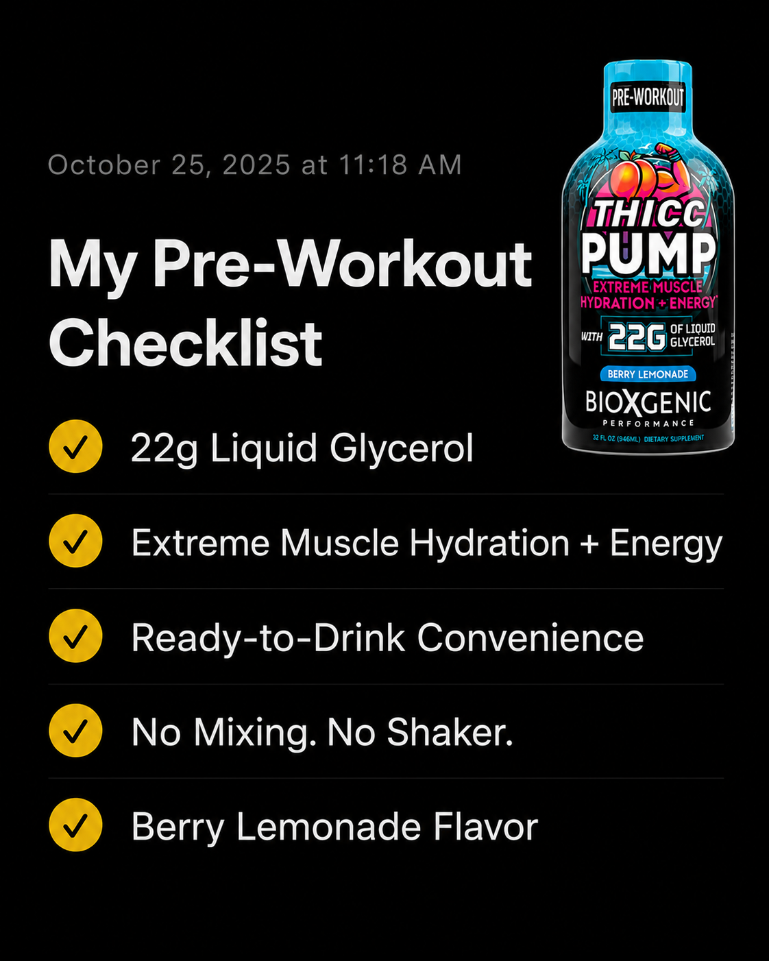 Thicc Pump Facebook ad: 22g of Liquid Glycerol. Absolute Fullness.