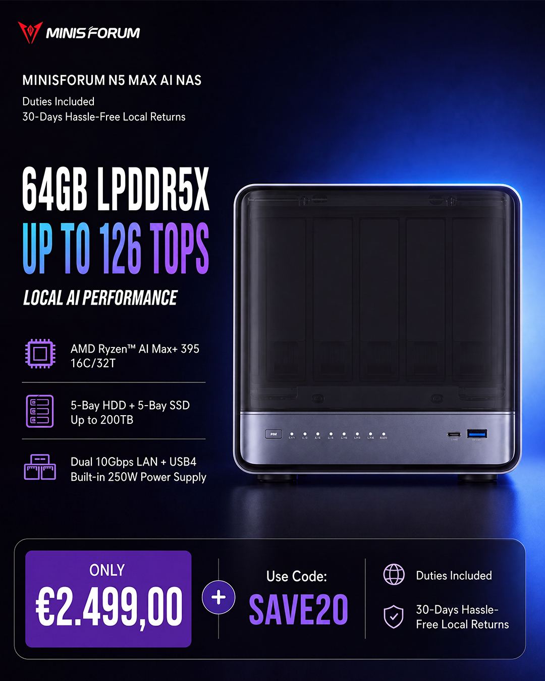 Minisforum EU Deals Facebook ad: N5 MAX AI NAS, AI Power Meets Massive Storage