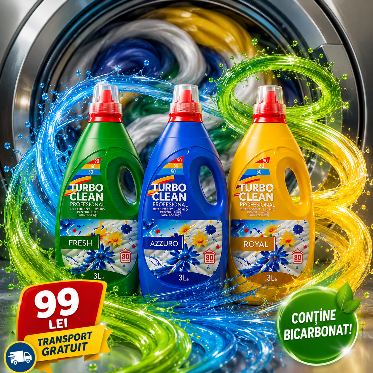 Eclean.ro Facebook ad: 3x Detergent Rufe Turbo Clean Economic 3L Bicarbonat de…