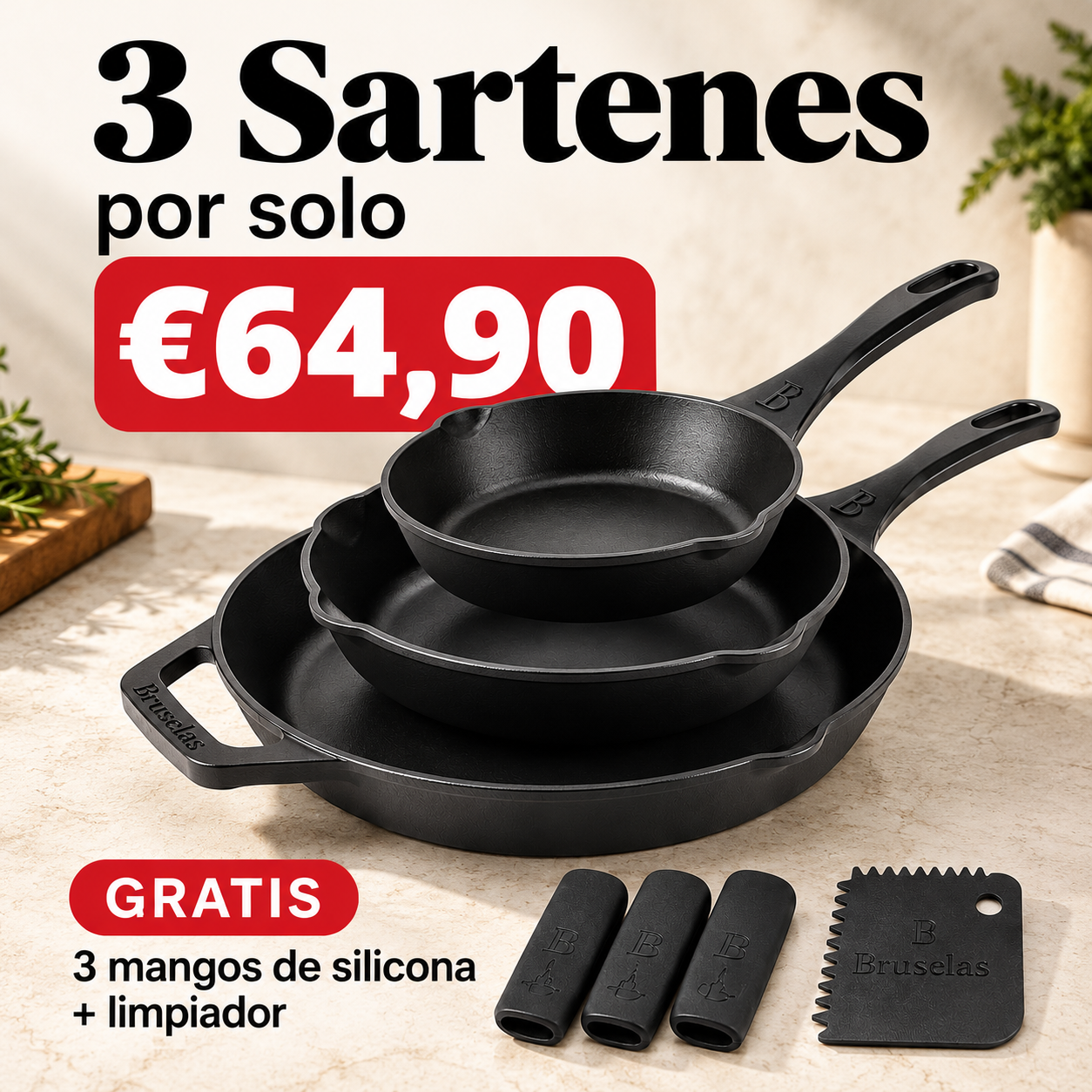 Bruselas Cocina Spain Facebook ad: 3 sartenes por solo 64,90 € y GARANTÍA DE POR VIDA