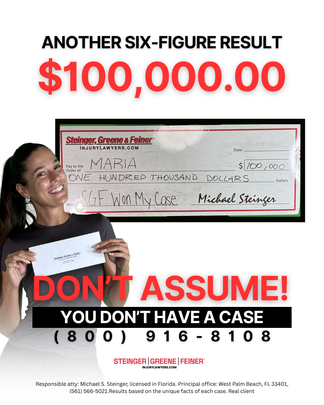 Steinger, Greene & Feiner Injury Lawyers Facebook ad: See if you have a case today!