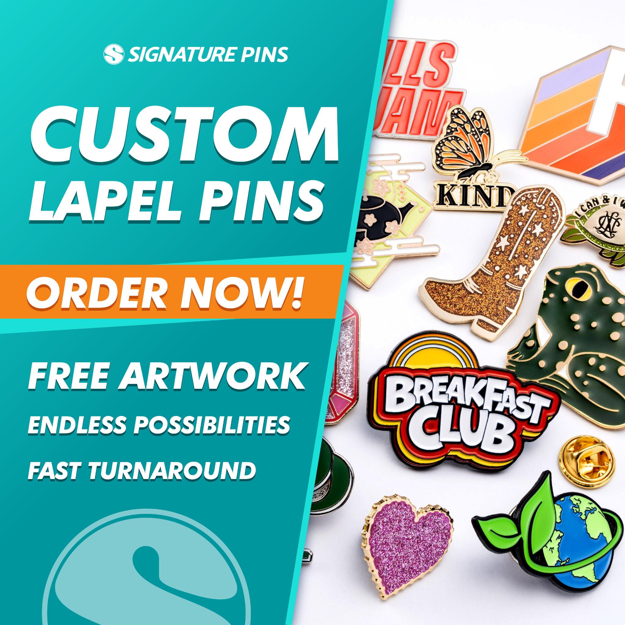 Signature Pins Facebook ad: Custom Soft Enamel Pins, Affordable and Vibrant