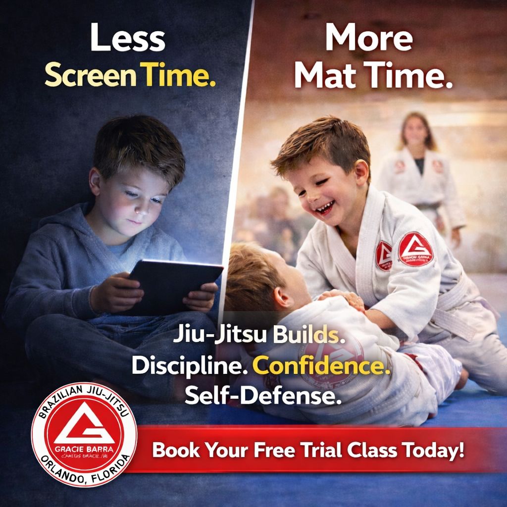 Gracie Barra Orlando Kids Martial Arts Facebook ad: Less Screen Time. More Confidence on the Mat.