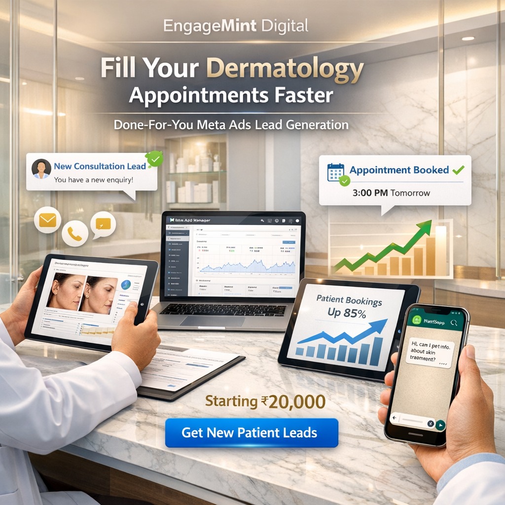 EngageMint Digital Facebook ad: Many dermatology clinics struggle with empty appointment…