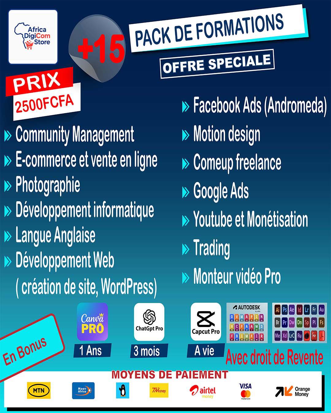 Africa Digicom Store Facebook ad: Pack Formations Digitales - 15+ Cours & Bonus | Africa…