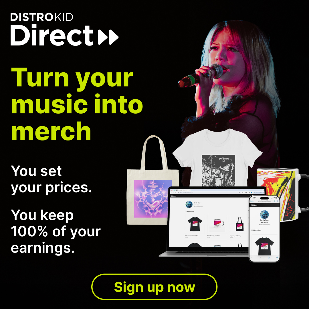 DistroKid Facebook ad: Your merch store. Zero setup.