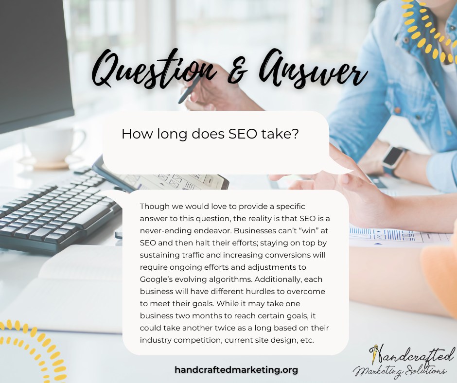 Handcrafted Marketing Solutions LLC. Facebook ad: SEO: A Journey, Not a Destination!
