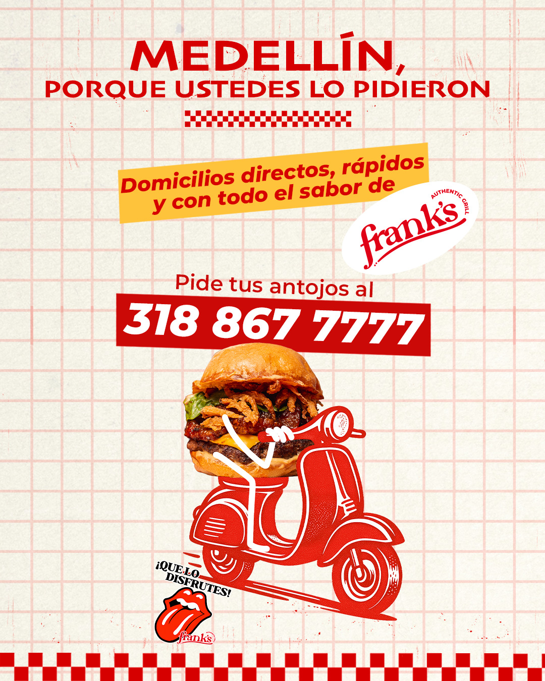 Frank's Authentic Grill Facebook ad: Tenemos domicilios directos para que disfrutes Frank’s sin…