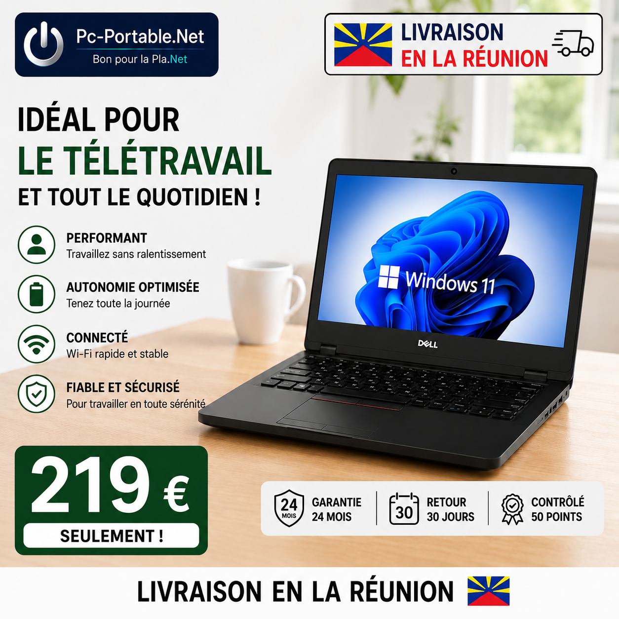 Pc-portable.net Facebook ad: DELL 7480 Core i5 - Windows 11 - SSD 250 GO - Ram 12 Go…