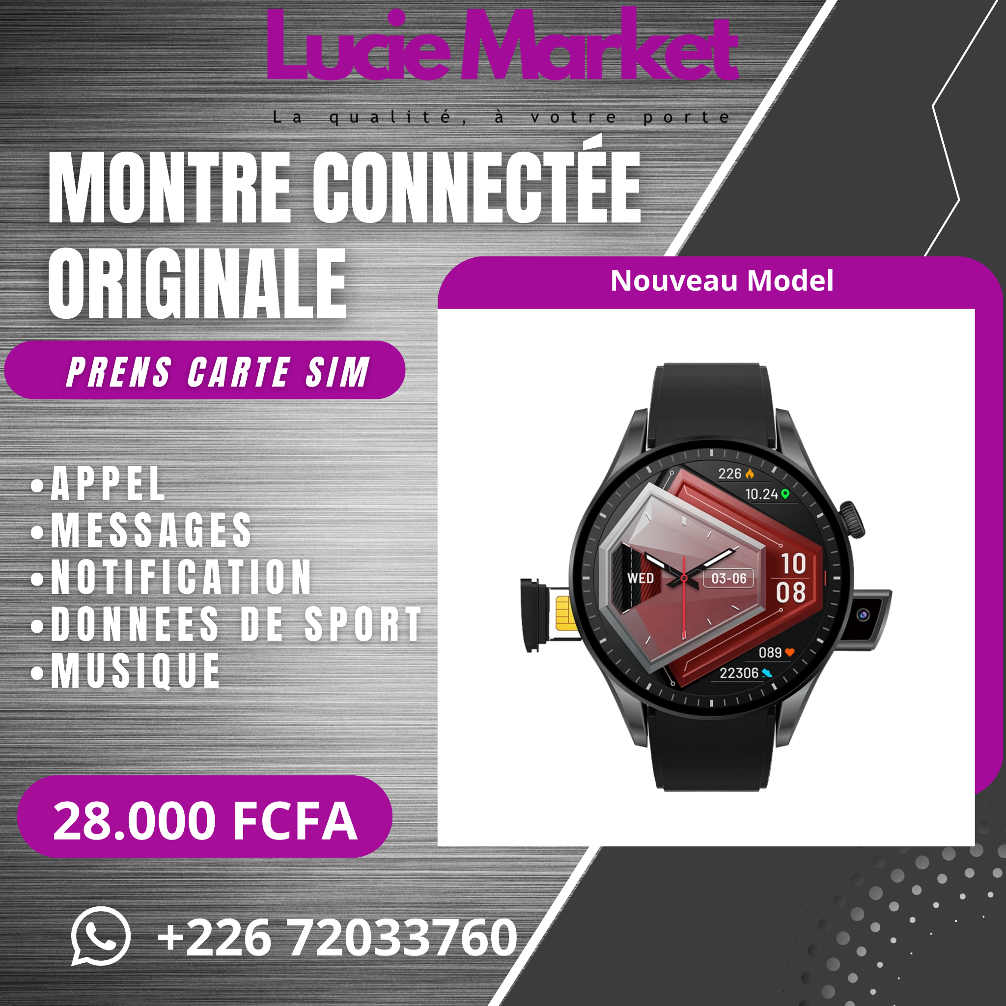 Lucie Market Facebook ad: La montre connectée avec carte sim originale qu'il…