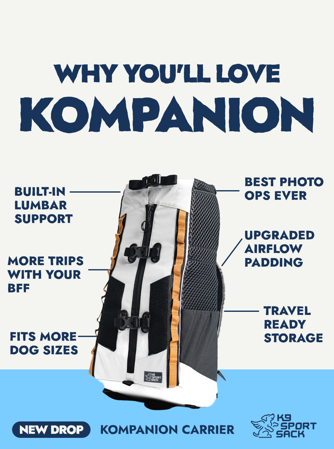 K9 Sport Sack Facebook ad: Downtown. On the train.