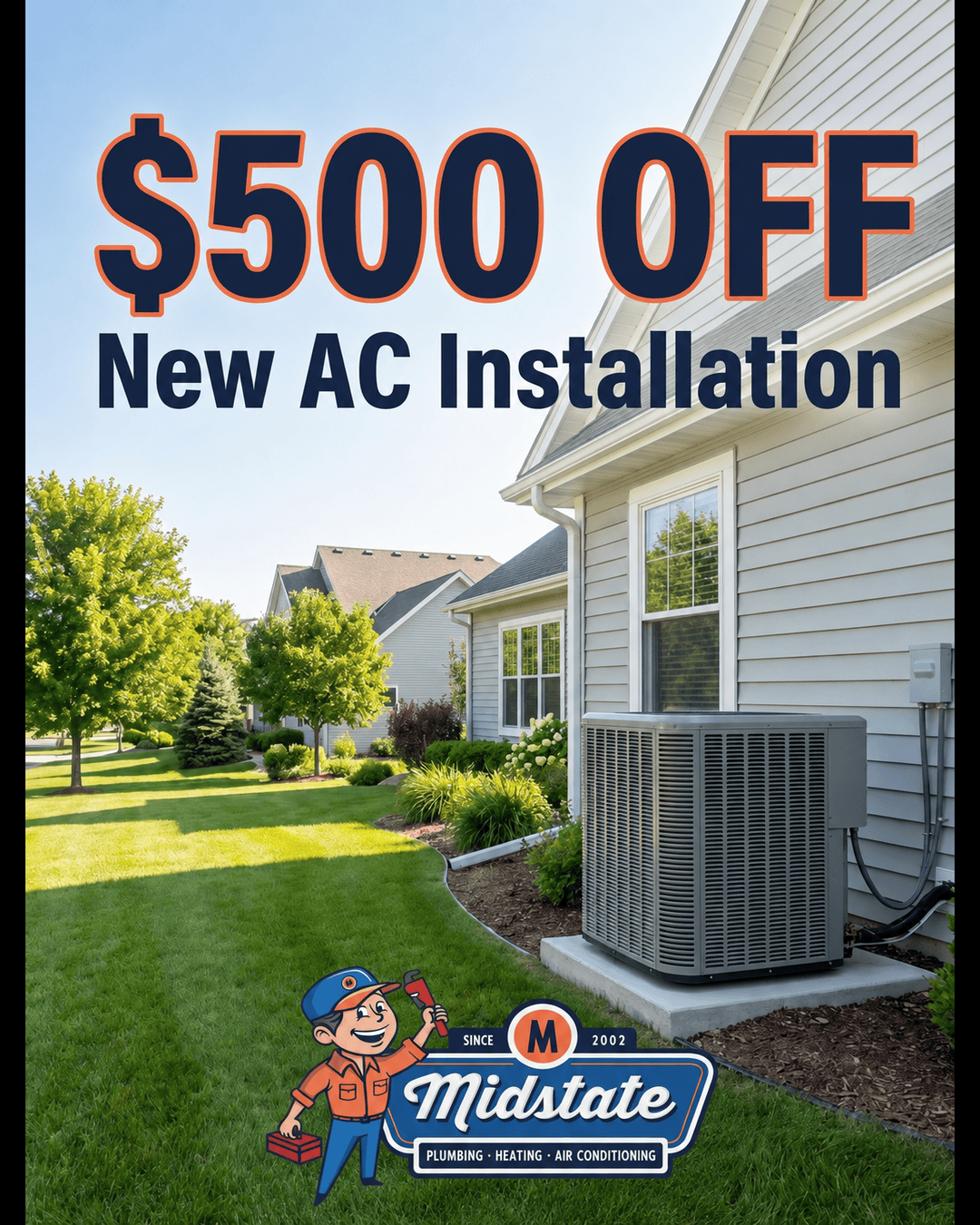 Midstate Plumbing Facebook ad: $0 Trip Charge + Same-Day AC Repair