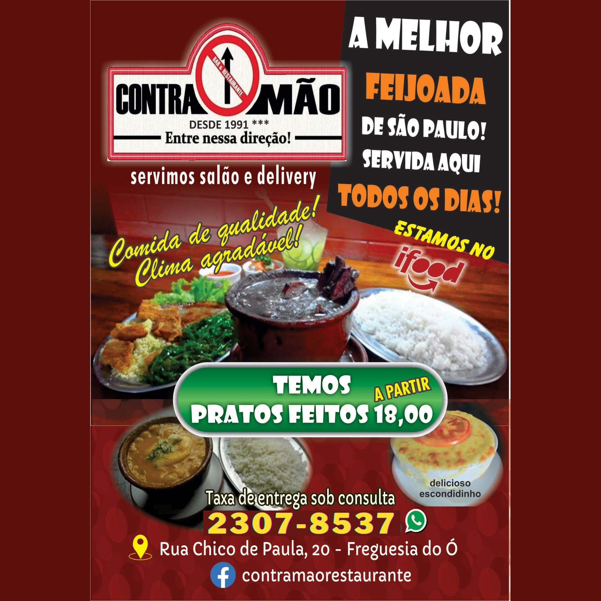 Restaurante Contra Mão Facebook ad: Refeições, Porções, Lanches, Salgados, Bebidas