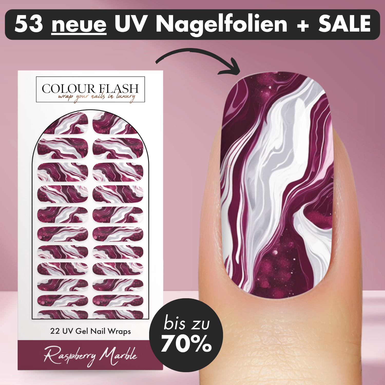 Colour Flash Facebook ad: Mega-SALE: Bis zu 70% Rabatt und 53 neue UV Nagelfolien…