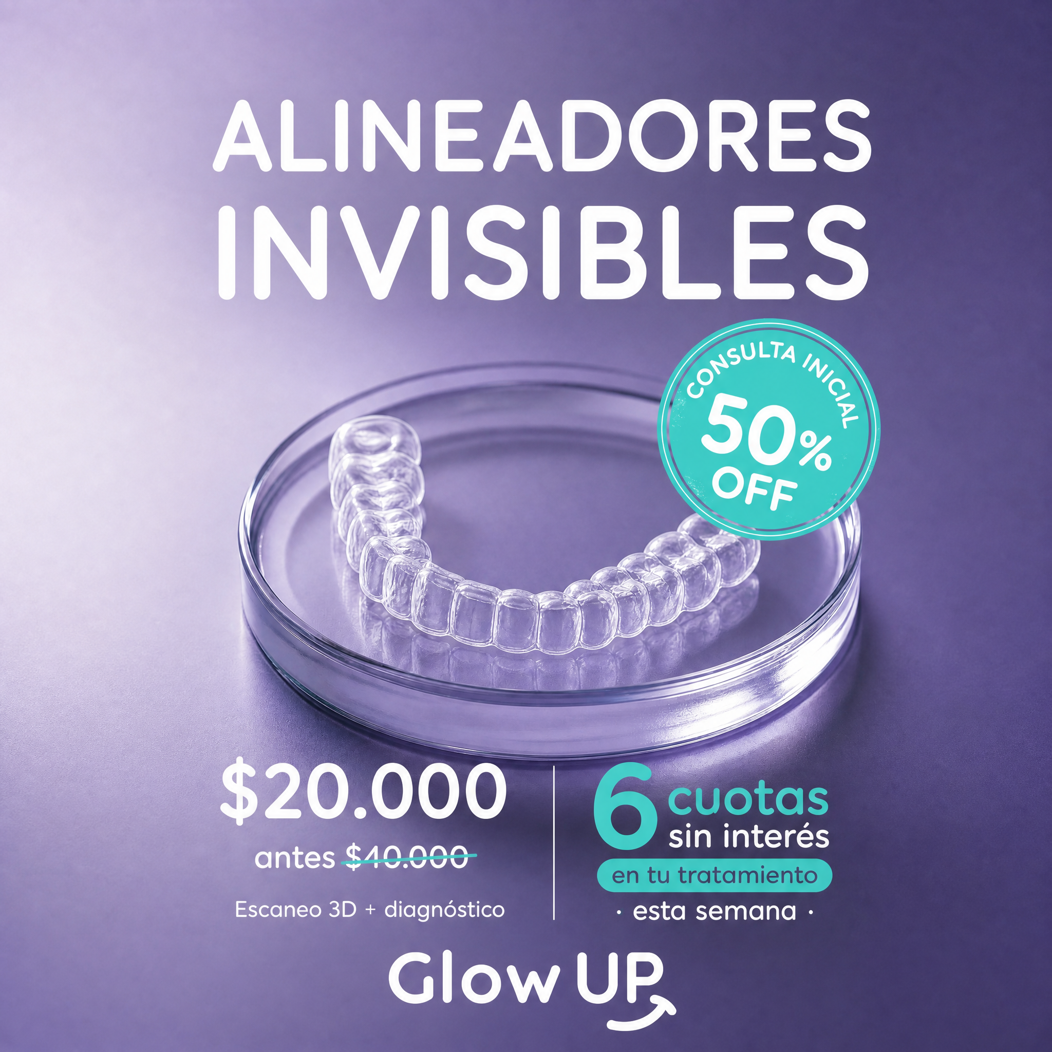Glowup Argentina Facebook ad: Tu consulta inicial al 50%: $20.000 (antes $40.000).