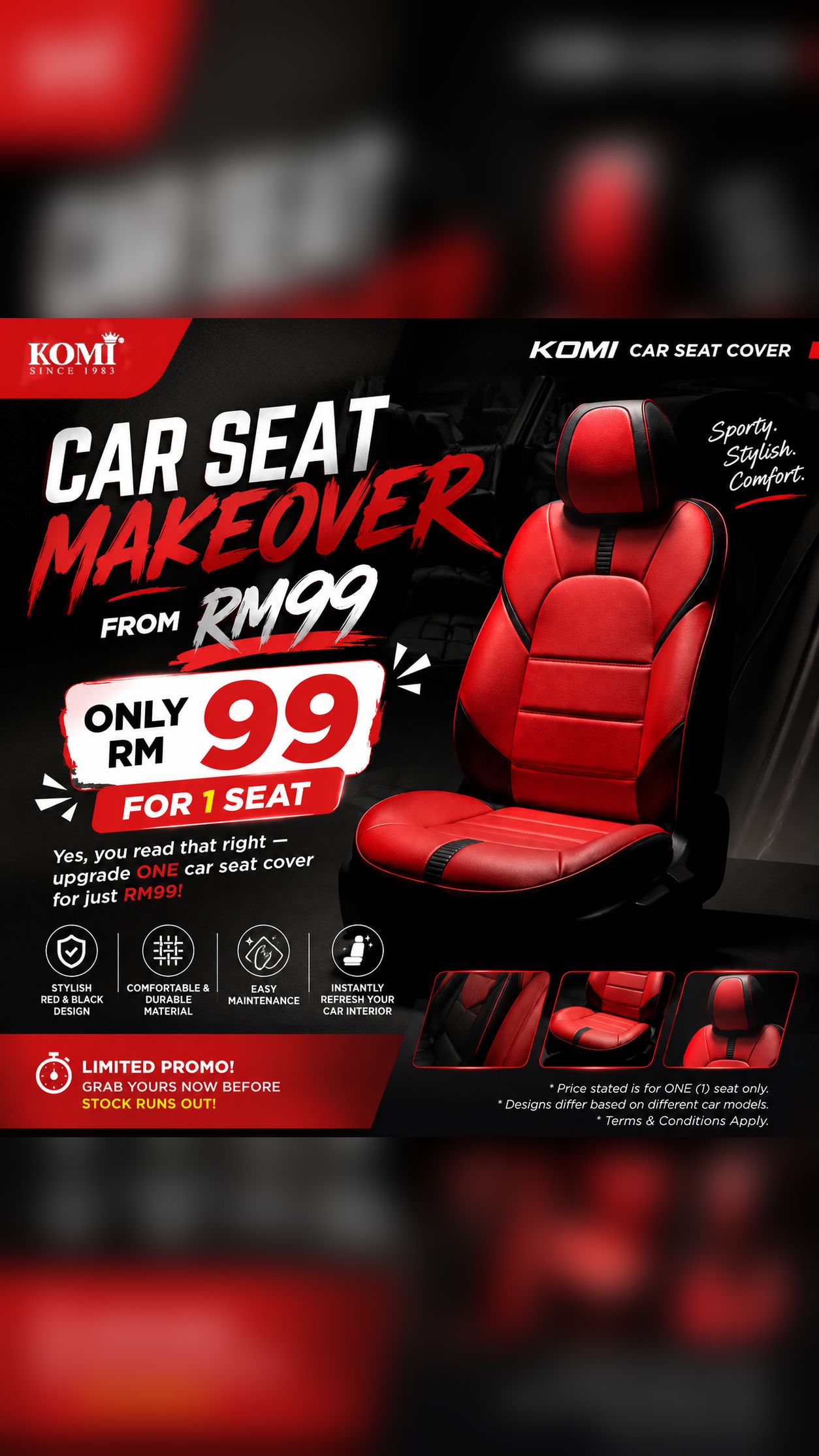 KOMI Custom Fit Leather Seat Facebook ad from May 22, 2026