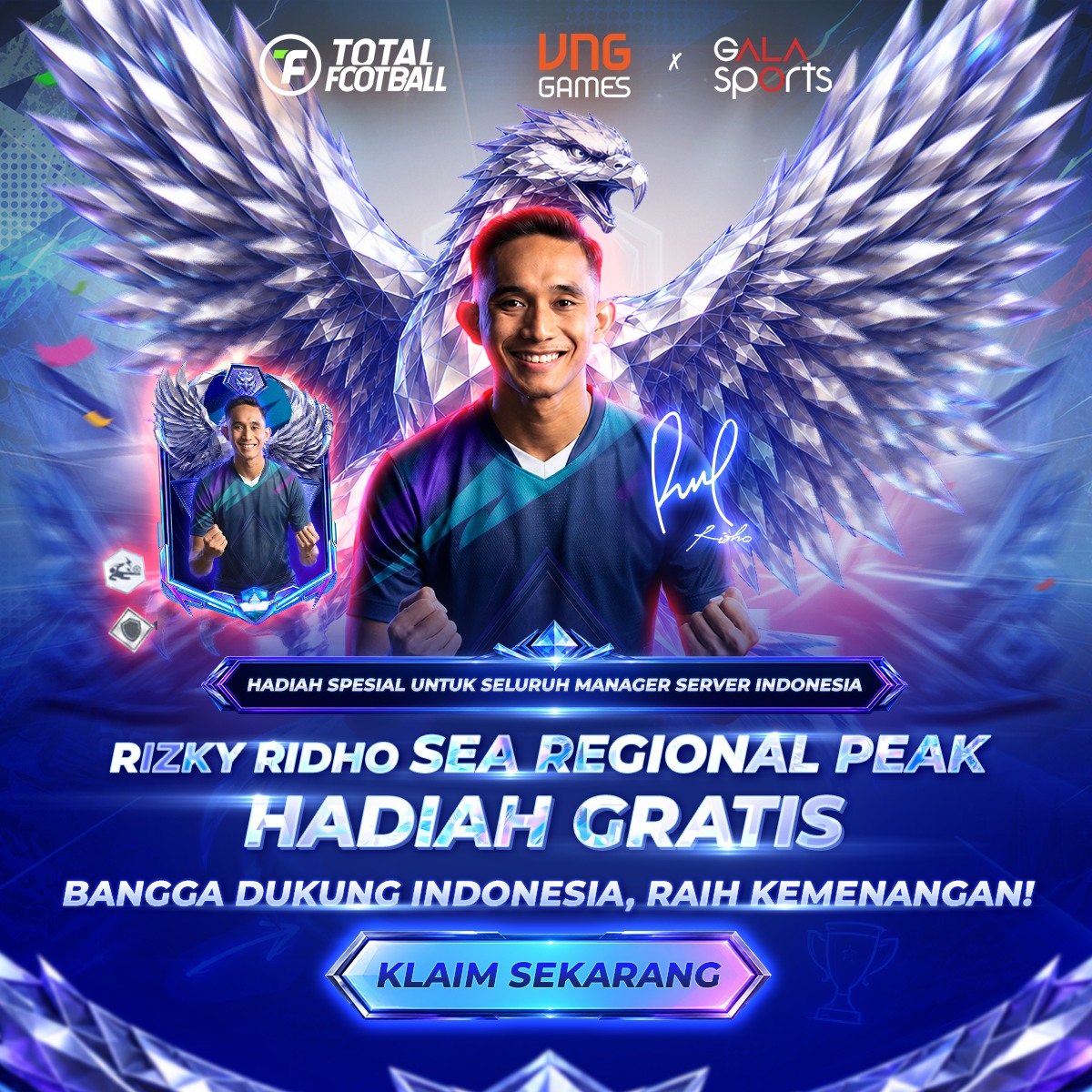 Total Football VNG Facebook ad: GRATIS RIZKY RIDHO, BANGGA DUKUNG INDONESIA, RAIH…
