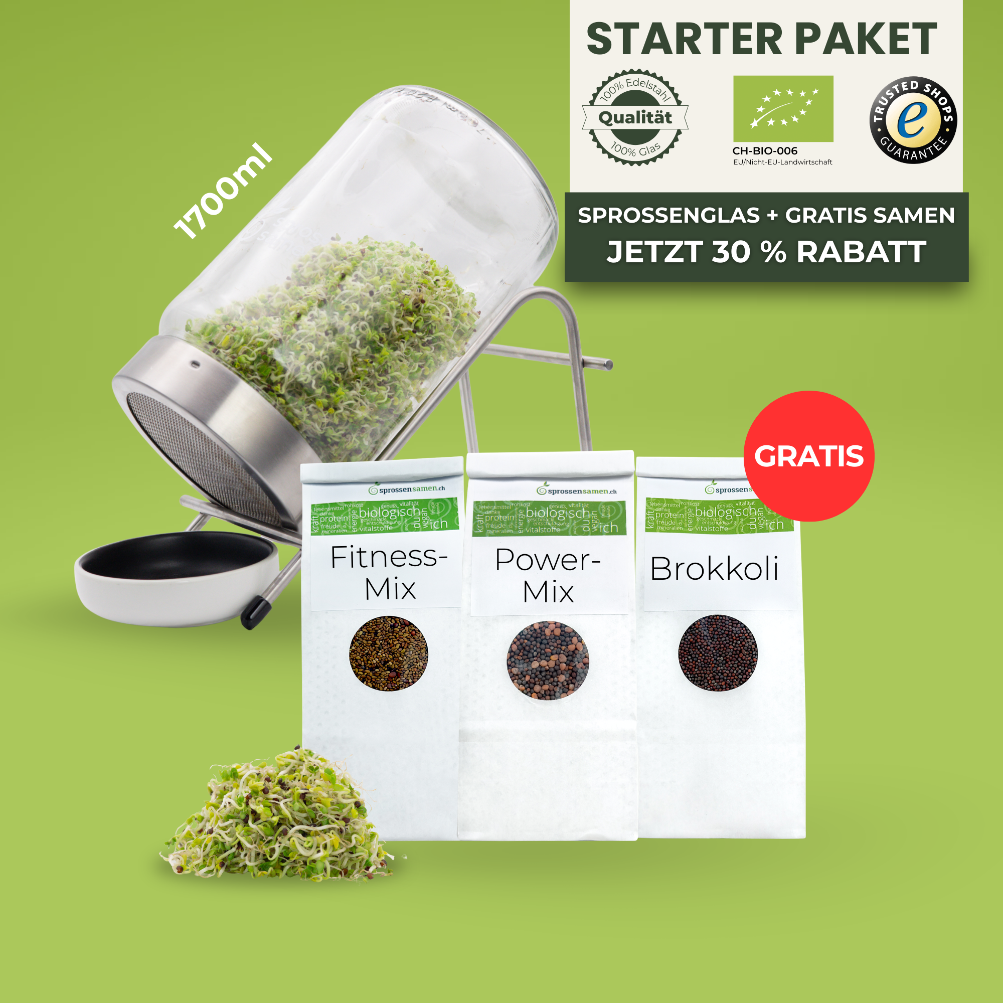 Sprossensamen by naturwerker Facebook ad: Frische Sprossen selbst ziehen mit 30% Ersparnis.