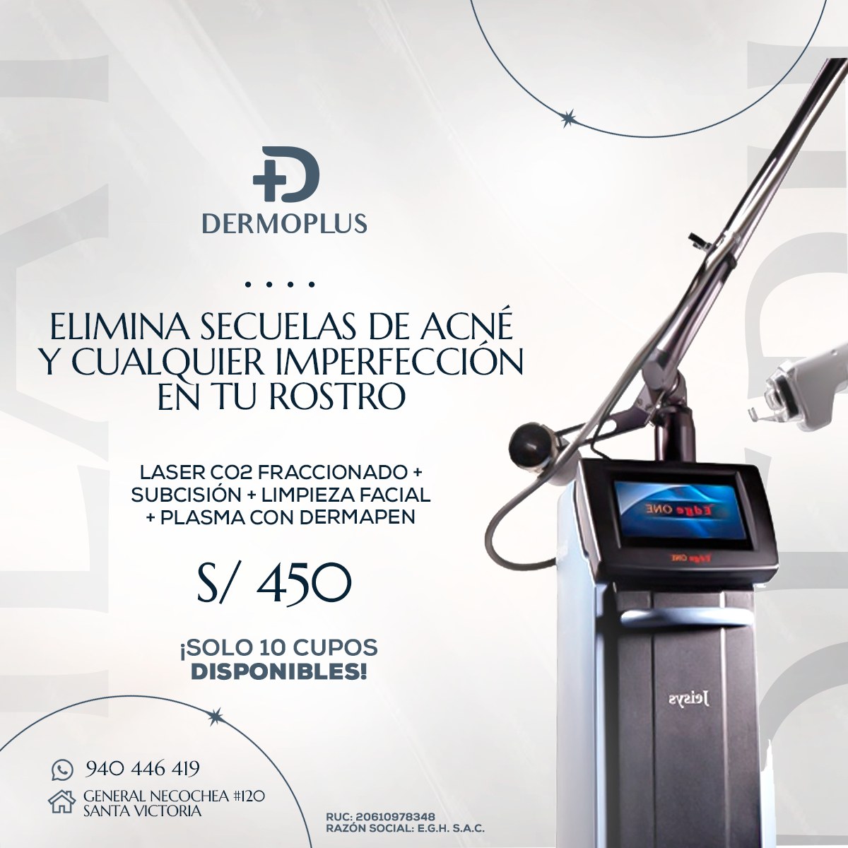 Dermoplus Perú Facebook ad: ¡Dile adiós a las secuelas del acné y…