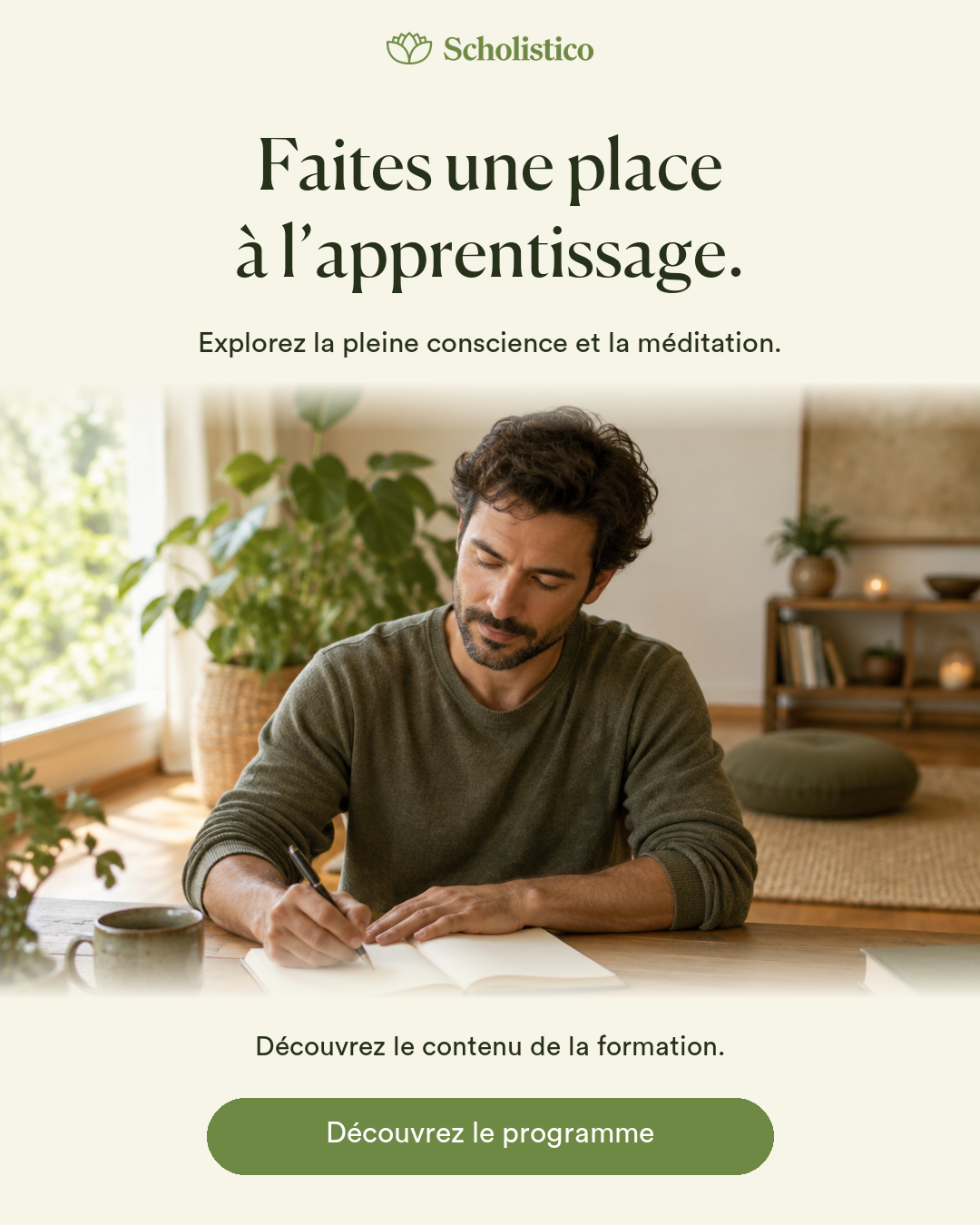 Scholistico en Français Facebook ad: Explorez la pleine conscience et la méditation.