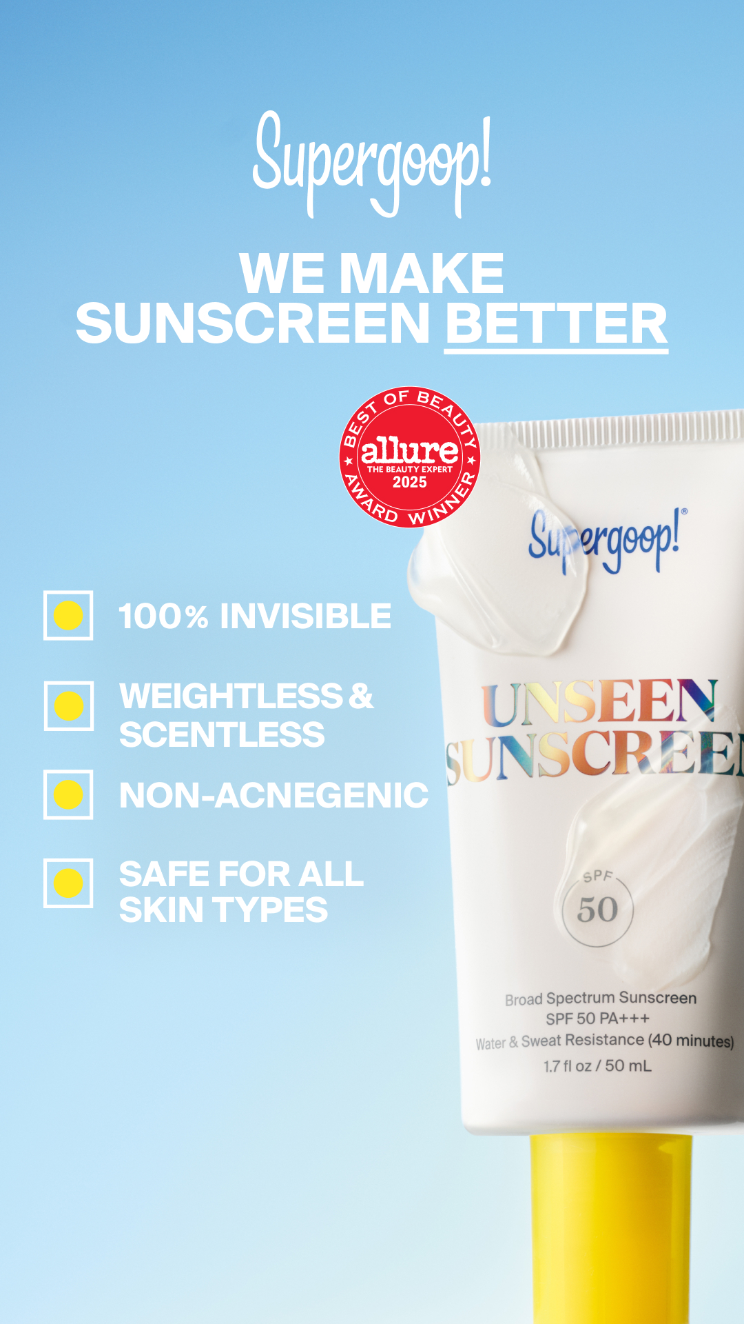 Supergoop Facebook ad: Supergoop! New Unseen Sunscreen SPF 50 - Clear Gel Face…