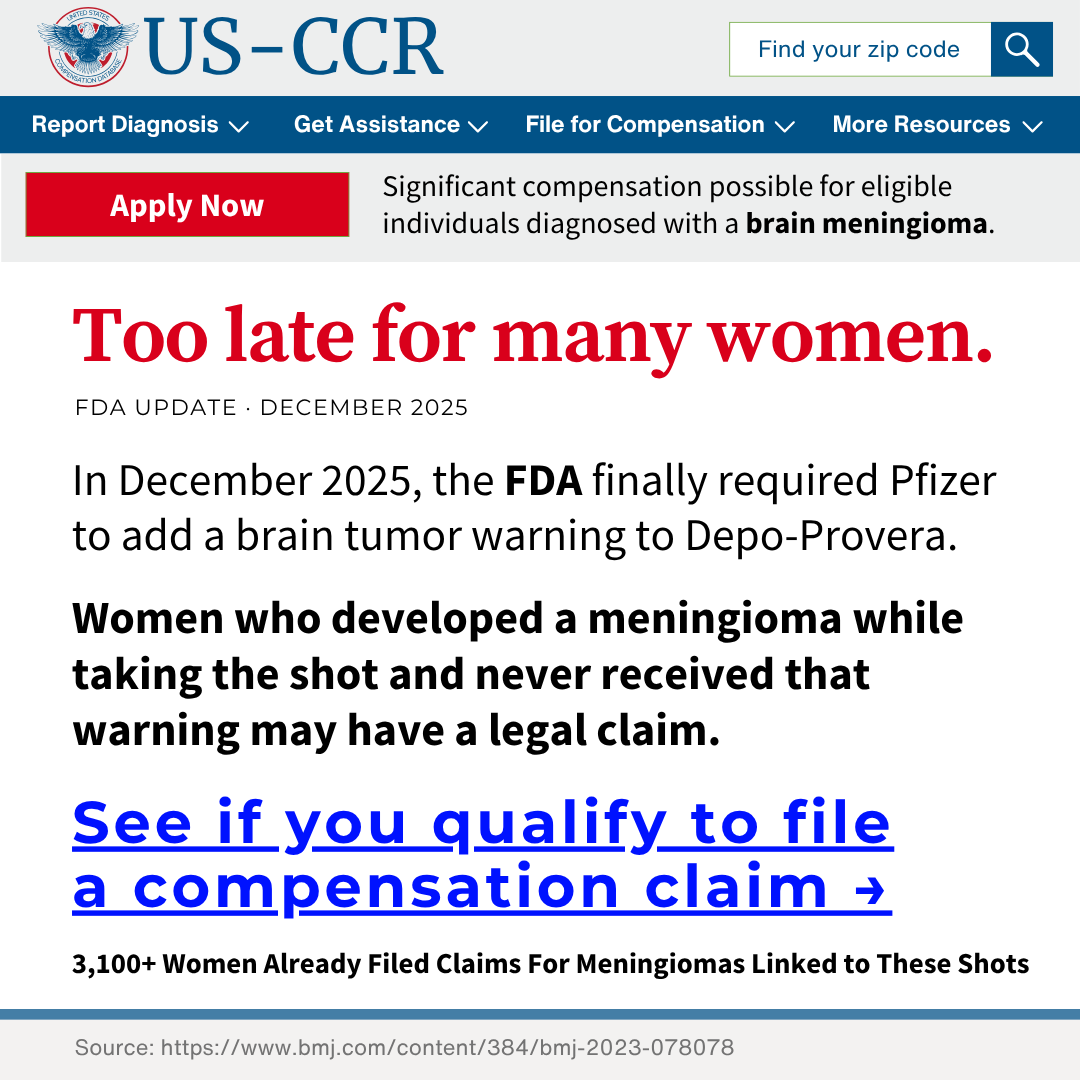 Recovery Stories Facebook ad: FDA added a brain tumor warning to Depo-Provera in…