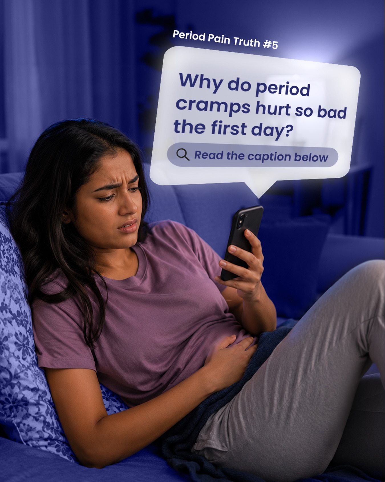 Stop the Period Pain Facebook ad: Because the level of prostaglandins (the pain chemical)…