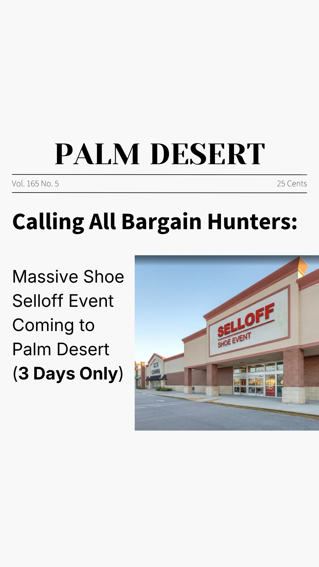 Shoe Selloff Event Facebook ad: Shoe Selloff Event | All Shoes $10-$30 | Palm Desert, CA