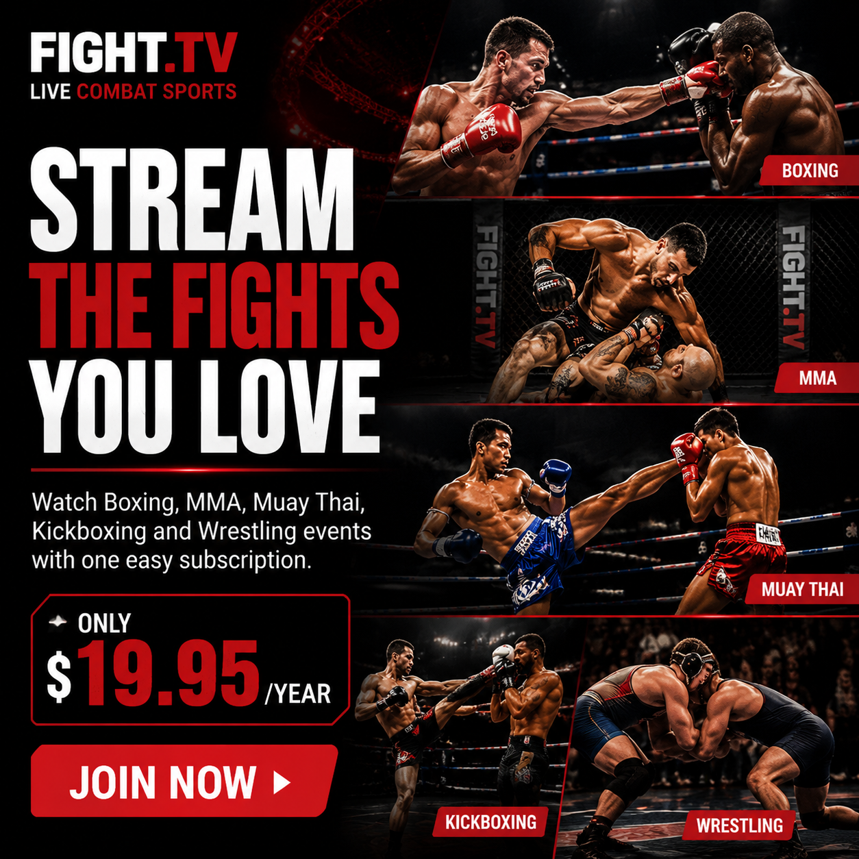 FIGHT.TV Facebook ad: Get FIGHT.TV for $19.95/Year