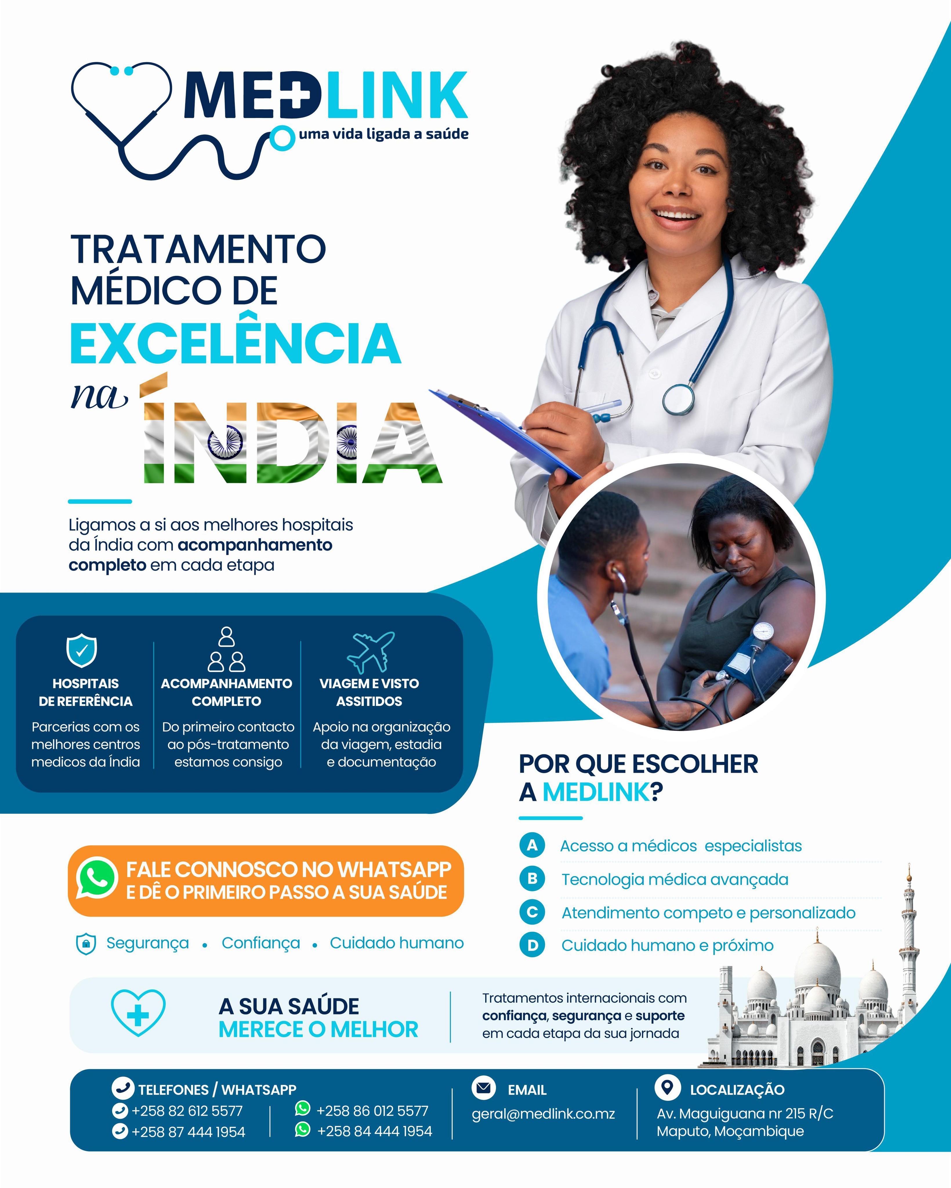 Medlink Moçambique Facebook ad: Acesso aos melhores hospitais da Índia sem complicações.