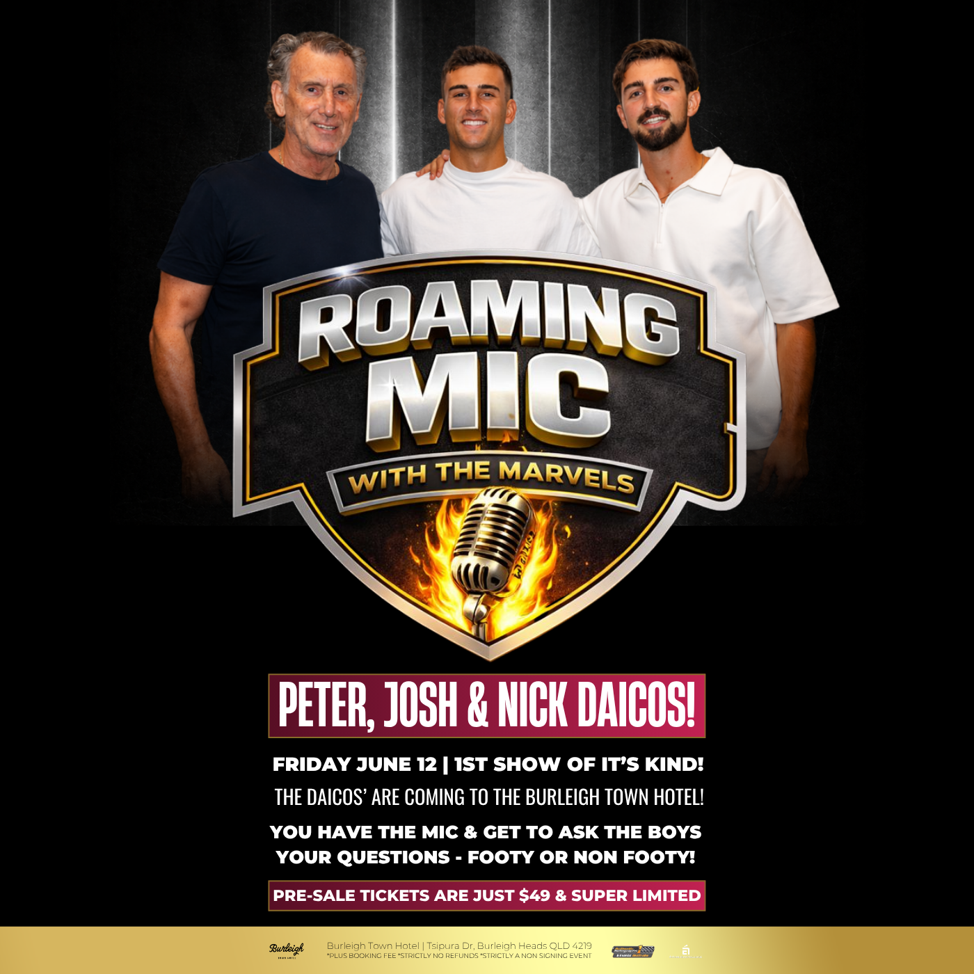 Authentic Autographs & Events Australia Facebook ad: Roaming Mic ft Daicos' LIVE at Burleigh Town Hotel!