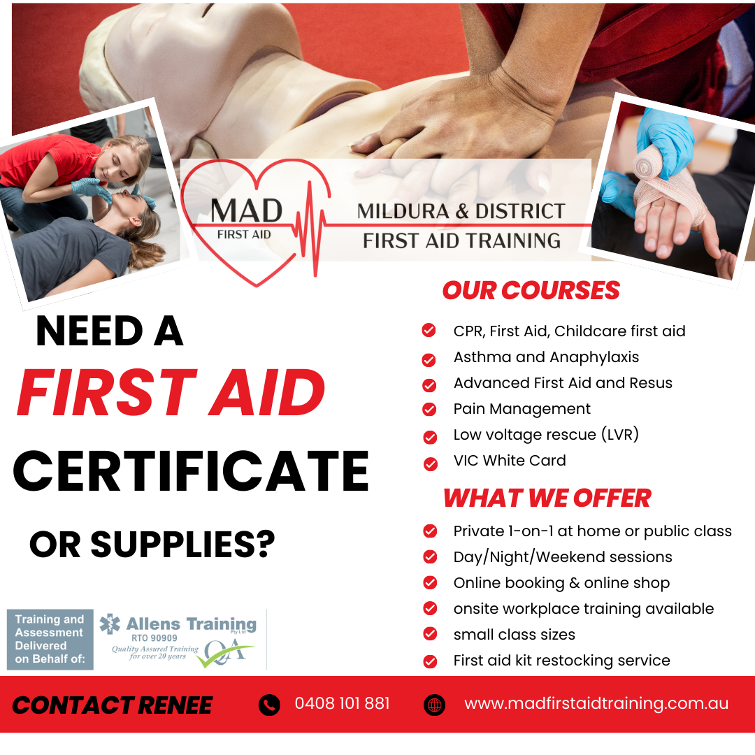 Mildura and District First Aid Training Facebook ad: First Aid Course Mildura | MAD First Aid Training