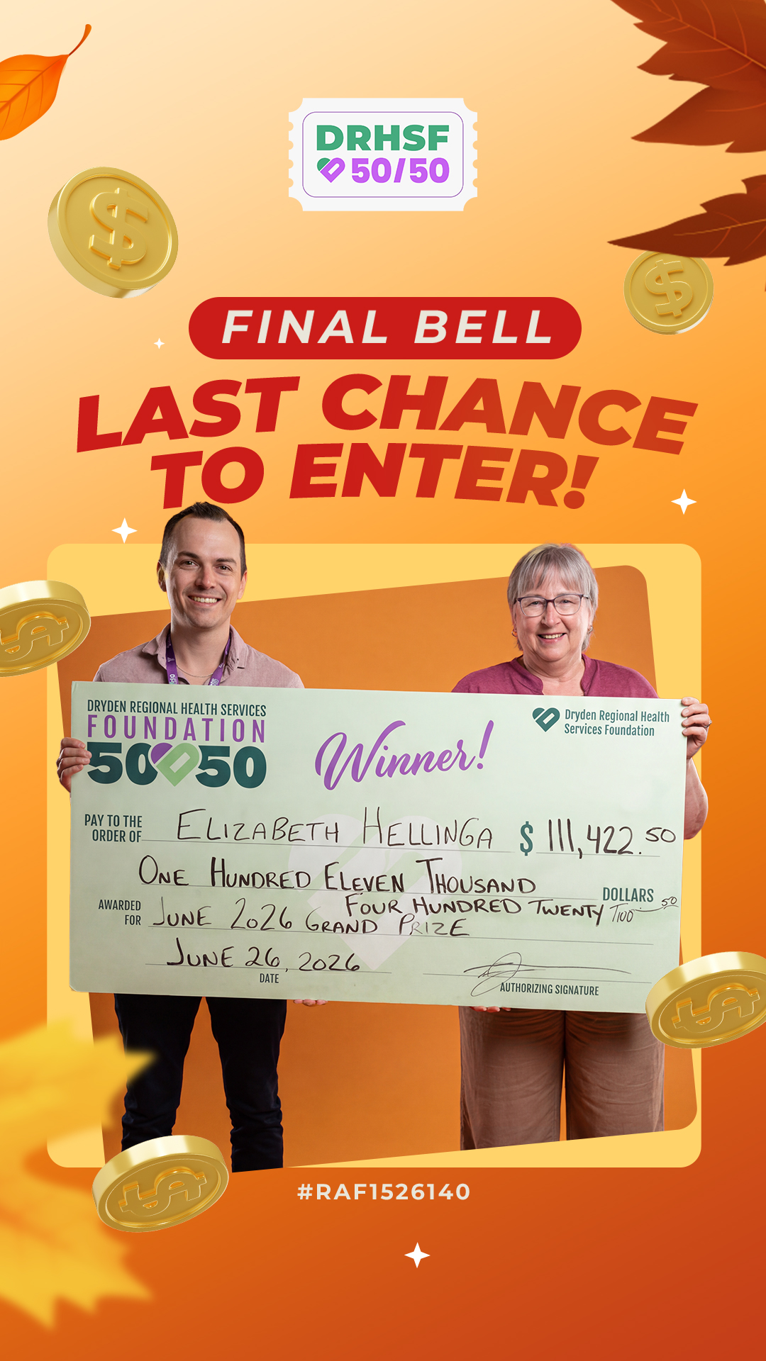 Dryden Regional Health Services Foundation Facebook ad: September DRHSF 50/50 Draw!