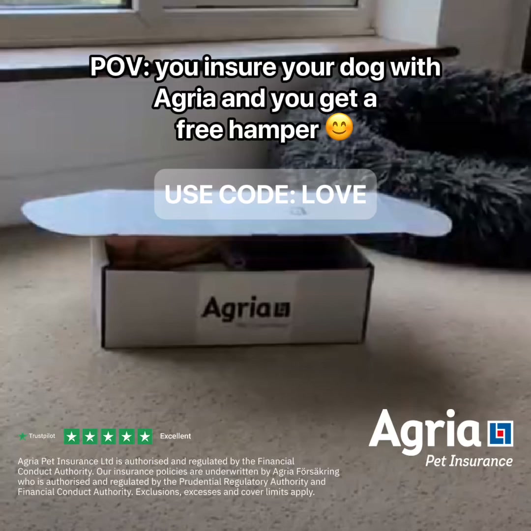 Agria Pet Insurance Facebook ad: Use code LOVE for a FREE luxury hamper.