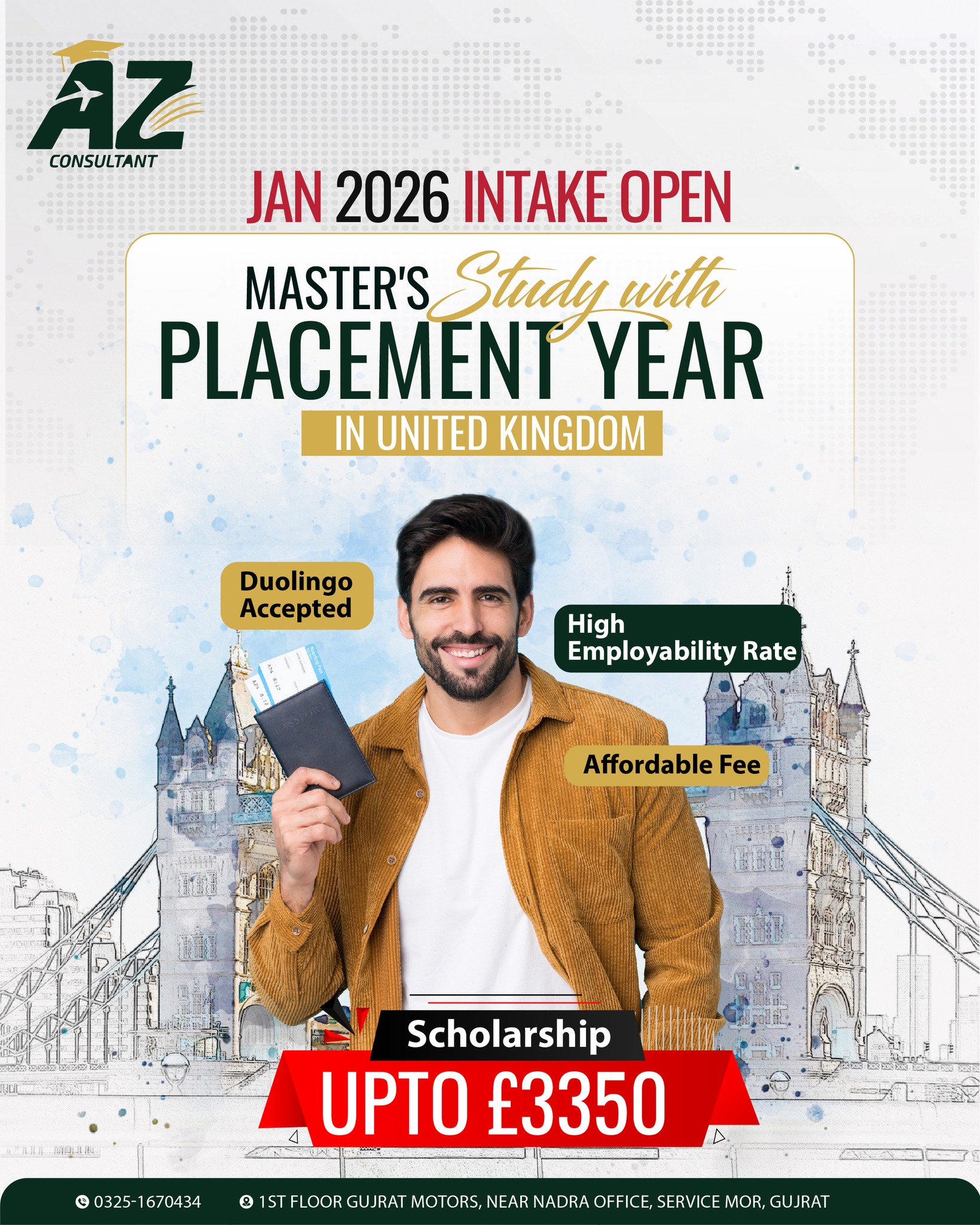 AZ Consultants Facebook ad: Master’s in the UK, Jan 2026 Intake OPEN!