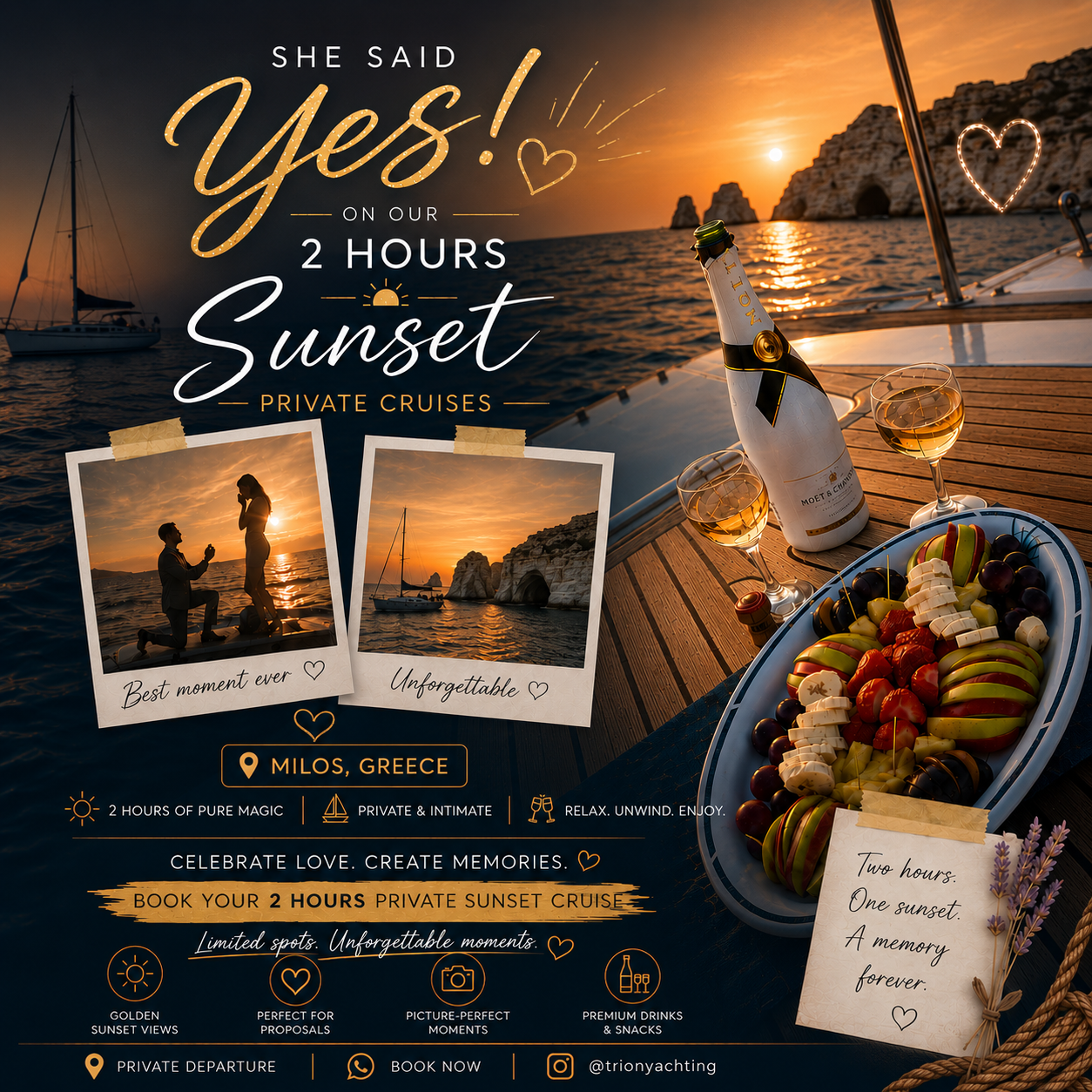 Trion Yachting Private Cruises Facebook ad: Private Cruise Milos 2 hours Sunset Trip to Klima